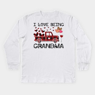 I Love Being Grandma Red Plaid Truck Hearts Valentine's Day Kids Long Sleeve T-Shirt